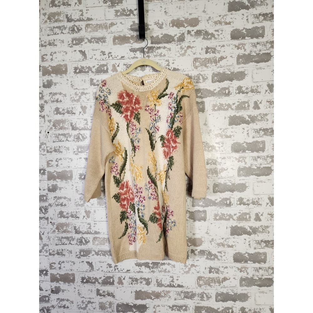 Marisa Christina Sweater Large Beige Floral Embroidered Hand Knit Cottagecore